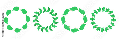 Set of round wreaths of young leaves. Green foliate circular frames. Blank botanical leaflet circle form to fill, vector graphic