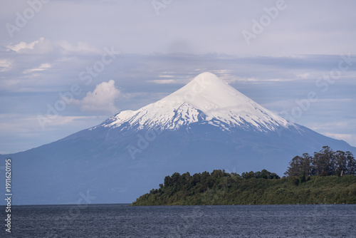 Puerto Varas, Chile: Dramatic view of Lake Llanquihue with the snow covered Osorno volcano in Puerto Varas, Los Lagos of Chile.
