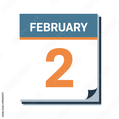 Prominent February second date display on a crisp white calendar page with bold orange numerals and a subtle curled corner presenting an essential
