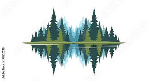 Evergreen Trees Reflected in Calm Water.