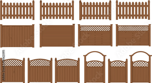 Set of Various Brown Wooden Fence Designs Including Picket Fences Privacy Panels and Garden Gates for Home Landscaping Backyard Security and Outdoor Property Decoration