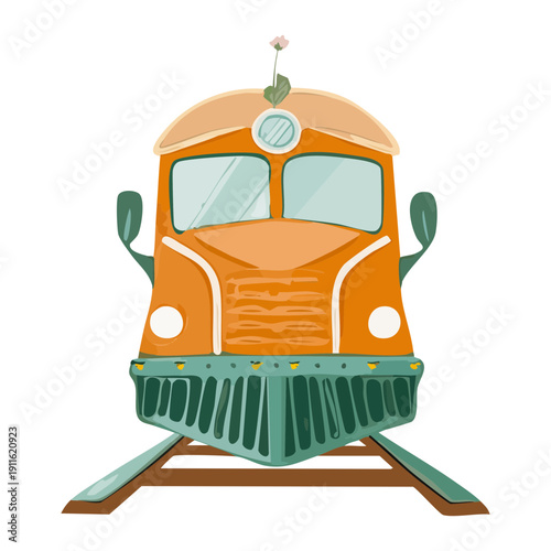 Front view of a traditional steam engine train transportation on the tracks with a vintage orange color