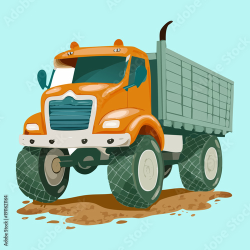 Heavy duty dump truck transportation carrying a full load of rocks on a construction site with orange design