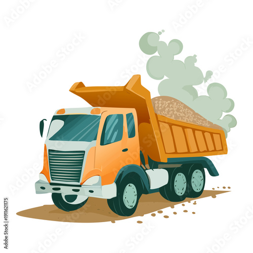 Large heavy duty truck transportation for construction work with massive tires and orange body on a road