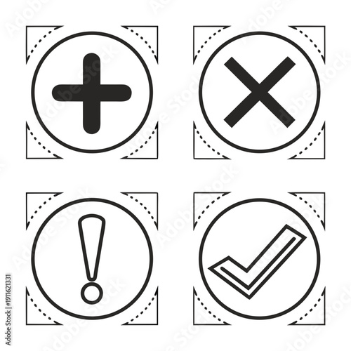 Four distinct icons representing addition, deletion, warning, and completion Vector
