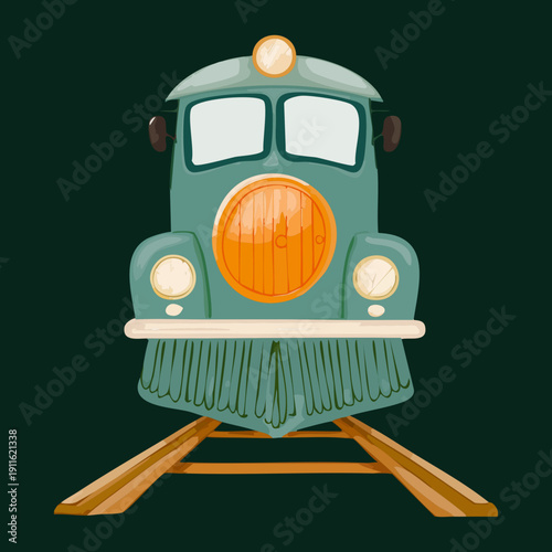 Front view of a vintage train transportation engine with a classic design for rail history and travel