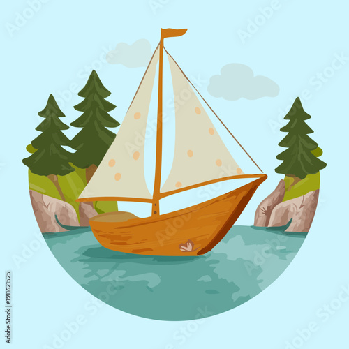 Beautiful sailing boat transportation near the rocky coast with green trees for a peaceful maritime sea journey