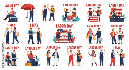 Labor Day and May 1st Workers Collection. Set of flat vector illustrations celebrating Labour Day, industrial professions, diverse employment, and professional careers.