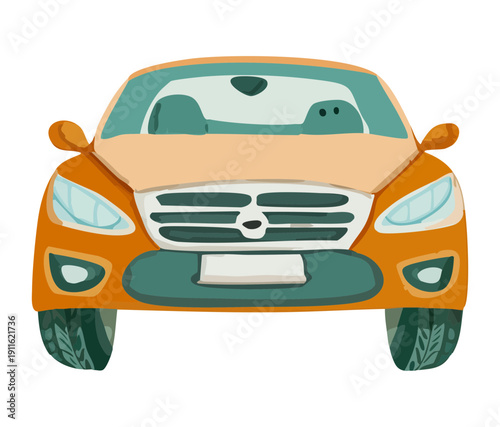 Front view of a sleek orange passenger car transportation with modern headlights and grill for city driving needs