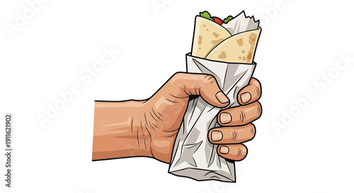 Hand holding a wrapped tortilla food.
