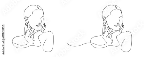 A minimalist, continuous line drawing of an elegant female portrait with her hand touching her face. In a clean black line art style. Ideal for beauty branding, cosmetic packaging, etc.