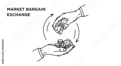 Hands exchanging money and goods.