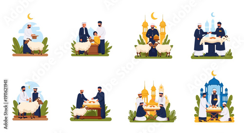 Eid al-Adha Qurbani Vector Illustration Set. Muslim Men Sacrificing Sheep or Lamb for Islamic Festival of Sacrifice Rituals, Charity, and Holy Traditions.