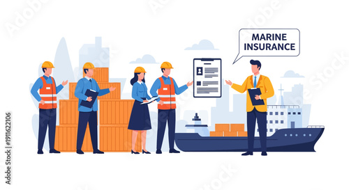 Marine Insurance Concept: Agent Discussing Cargo Shipping Risk Management Policy with Dock Workers at Port Terminal.