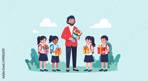 Happy Teacher's Day: Diverse Students Presenting Flowers and Gifts to Male Teacher. School Appreciation Vector Illustration.