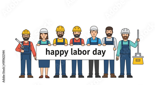 Happy Labor Day Greeting Card. Group of Diverse Construction and Blue-Collar Workers Holding Banner. Illustration for Worker Appreciation and May Day.