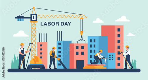 Labor Day Construction Site Flat Vector Illustration. Workers, Crane, and City Building Project Celebrating Hard Work.