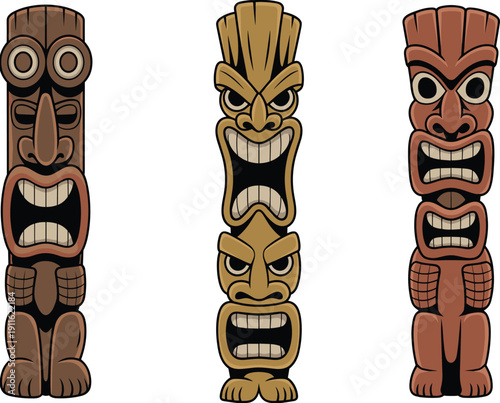 Color illustration collection of three traditional Polynesian tiki totems with various carved facial expressions isolated on white background for tropical island and tribal vector design