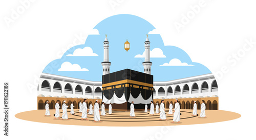 Kaaba, Mecca: Pilgrims Performing Tawaf at Masjid al-Haram. Hajj and Umrah Holy Ritual Illustration.