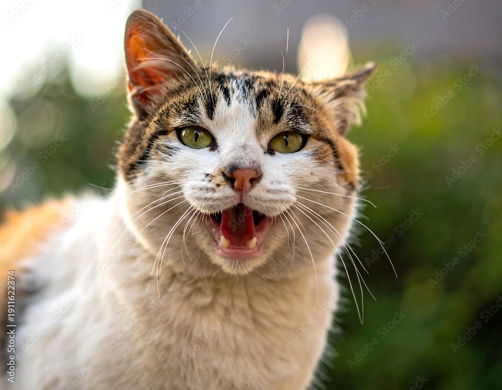 Fototapeta premium A close-up of a cat with its mouth open, showcasing its teeth and tongue
