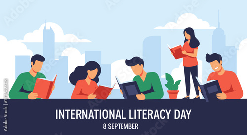 International Literacy Day (September 8) Vector. Group of diverse people reading books celebrating education, reading, and global literacy awareness.