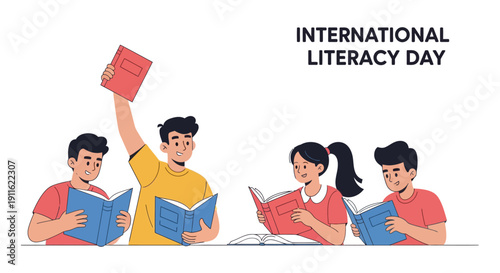 International Literacy Day Vector: Students Reading and Celebrating Education. Youth Group Promoting Knowledge and Global Reading Initiative.