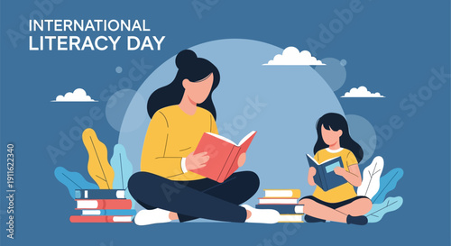 International Literacy Day Concept: Mother and Child Reading Books. Education, Knowledge, and Learning Awareness Flat Vector Illustration.