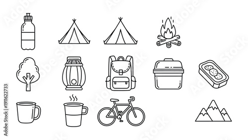 Camping and Outdoor Icon Set: A comprehensive collection of line art icons showcasing essential camping gear and outdoor equipment, perfect for illustrating adventures and the great outdoors.