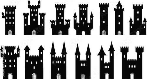 Medieval castle silhouettes set featuring fantasy fortress towers and turrets isolated on white background detailed black vector illustration collection