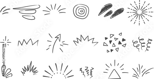 Line doodle sparkle, sun shine and sunburst rays, vector bursts and hand drawn starburst on transparent background. Doodle line explosion circles and spark elements of sunshine, sparkles, fireworks.