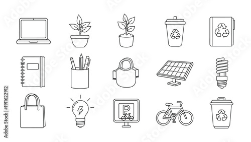Eco-Friendly Icon Set: A comprehensive collection of minimalistic line art icons, representing sustainable living, environmental conservation, and technological innovation.