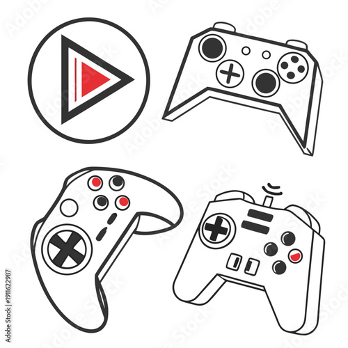 Collection of various video game controllers and a play button Vector
