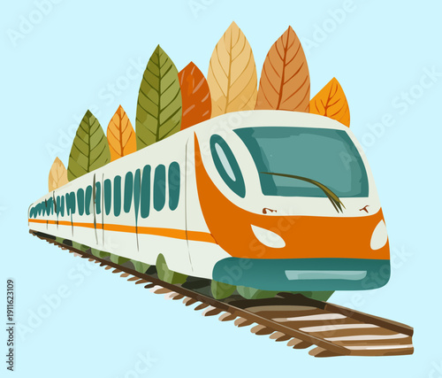 Modern high speed passenger train traveling through a colorful autumn forest landscape for efficient long distance rail transportation