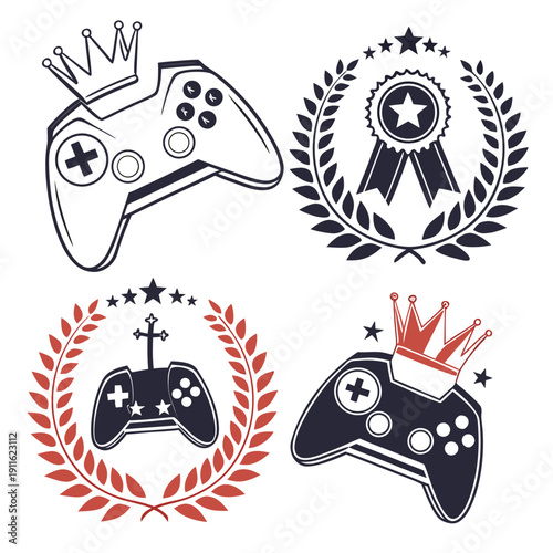 Four distinct gaming controllers each encased in a laurel wreath symbolizing victory and achievement. Vector