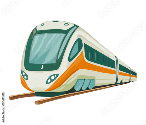 Sleek aerodynamic passenger train moving fast on the tracks for comfortable and rapid intercity rail travel transportation services