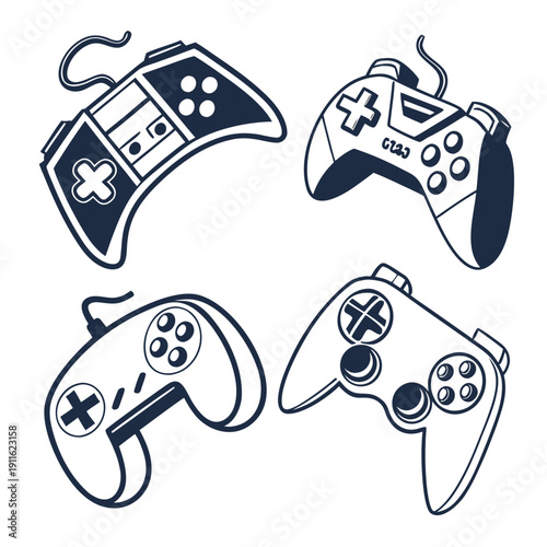 A collection of various video game controllers from different gaming consoles. Vector