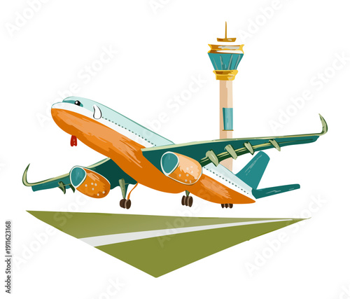 Commercial jet airplane taking off from the airport runway for international travel and global logistics in transportation industry