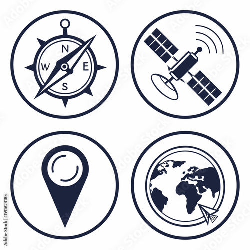 Icons representing navigation, exploration, and global positioning systems. Vector