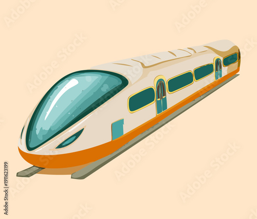 Aerodynamic high speed bullet train moving along the railway line for fast and comfortable intercity passenger travel transportation