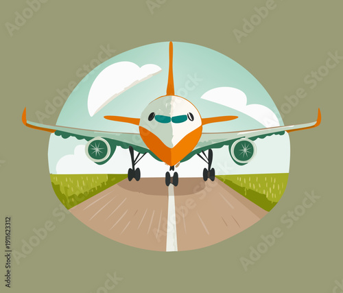 Front perspective of a passenger plane on the runway for takeoff in the global airline and aviation transportation business