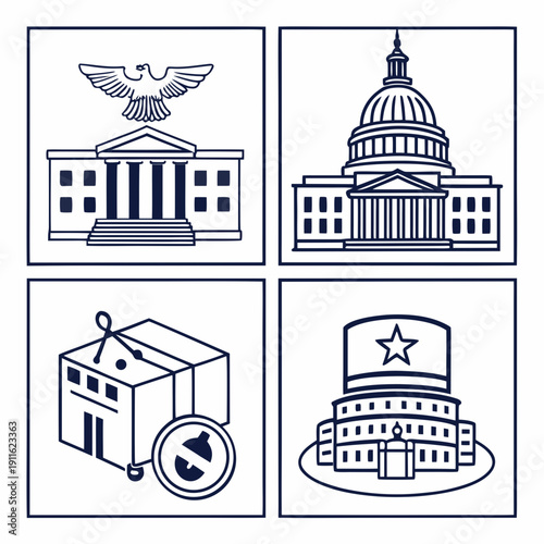 Illustration of various government and legal buildings and symbols Vector