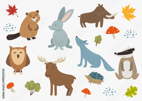 Cute forest animals set with bear, hare, moose, wolf, hedgehog and owl with leaves and mushrooms. For kids printables, posters, stickers, nursery decor.