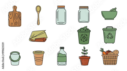 Sustainable Living Essentials: A vibrant illustration showcasing an array of eco-friendly and reusable items, emphasizing a commitment to reduce waste and embrace mindful living. 