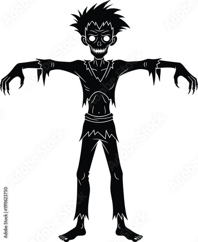 Creepy black and white zombie silhouette illustration featuring a thin undead monster with glowing eyes and tattered clothes isolated on a clean white background.