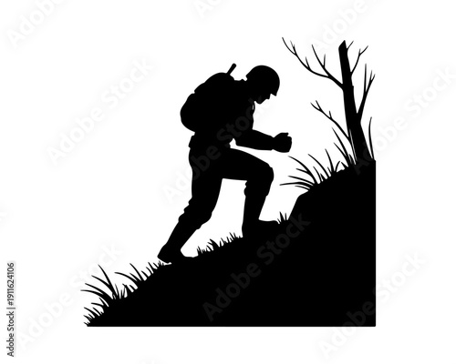 Military Soldier with Backpack Climbing Steep Slope Silhouette