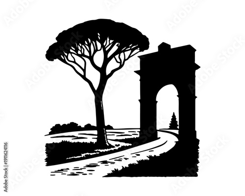 Classic Italian Landscape Silhouette with Roman Arch and Stone Pine Tree Illustration