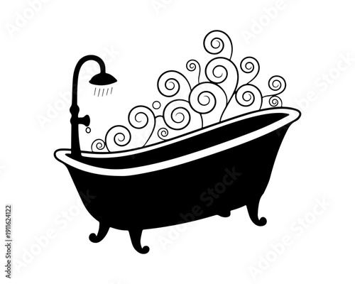 Elegant Black Bathtub Silhouette with Swirling Water Bubbles Illustration