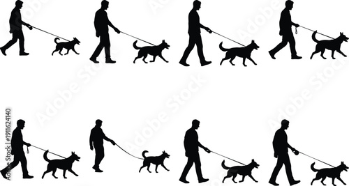 Man walking dog silhouette, various poses, black and white