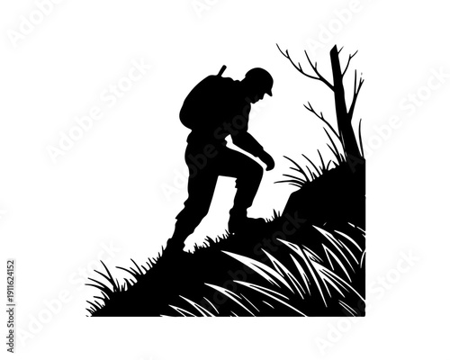 Adventure Hiker Climbing Hill Slope Silhouette Vector Illustration