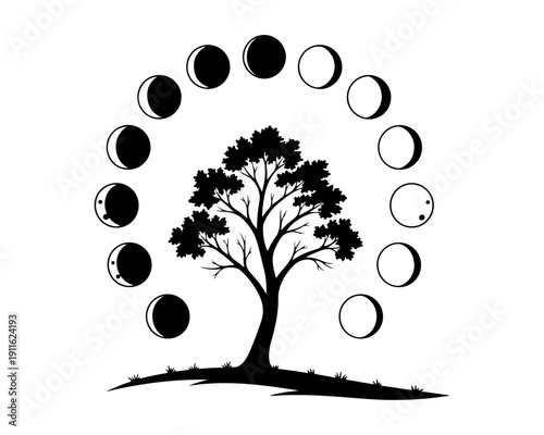 Tree Silhouette with Moon Phases Cycle Illustration - Celestial Nature Symbolism
